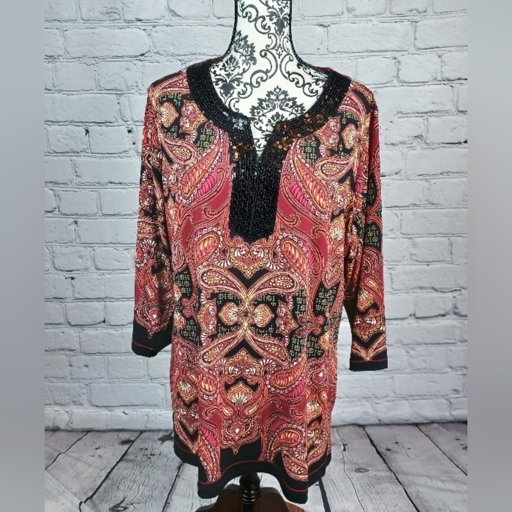 JM Collection women's long sleeve paisley print sequins front sz 1x stretch b17